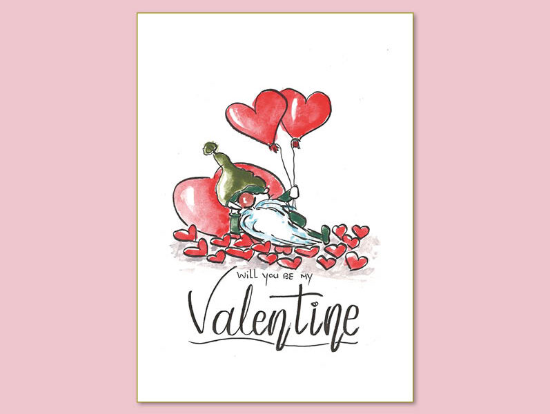 Valentijnskaart gnoom met hartballon