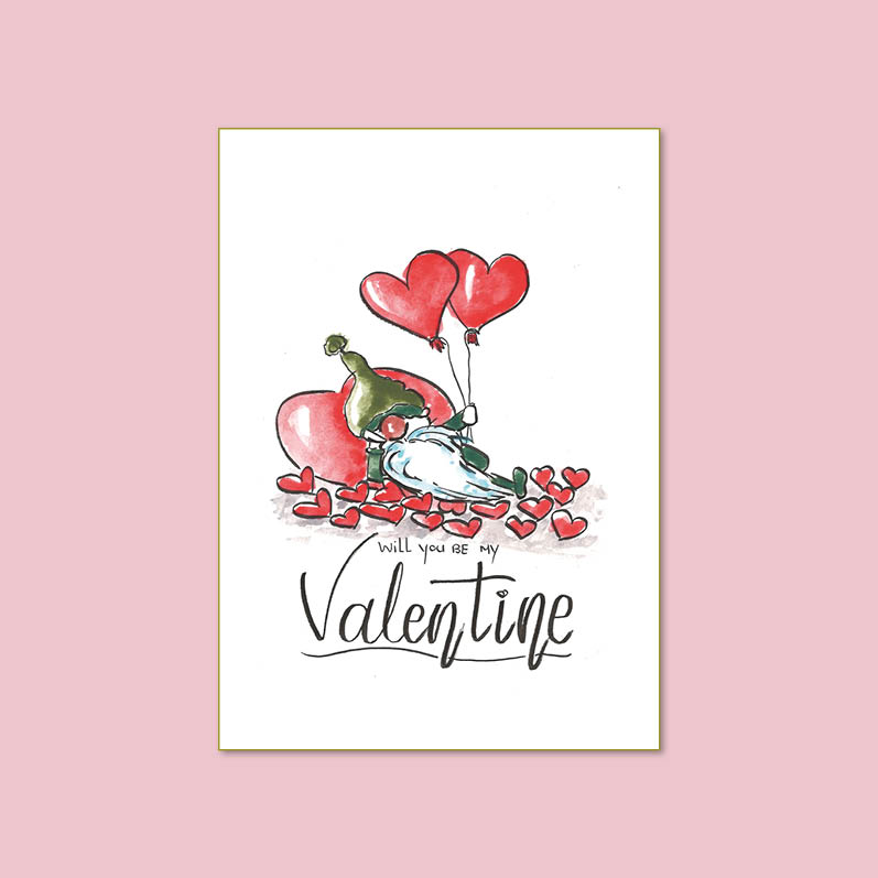 Valentijnskaart gnoom met hartballon